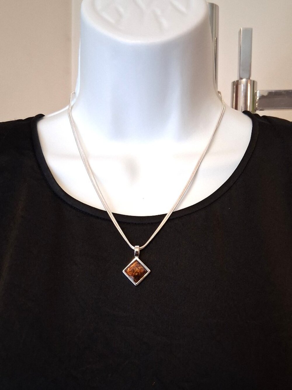 NY Vintage Classic Square Charm Pendant Double Chain Silver-Plated Necklace